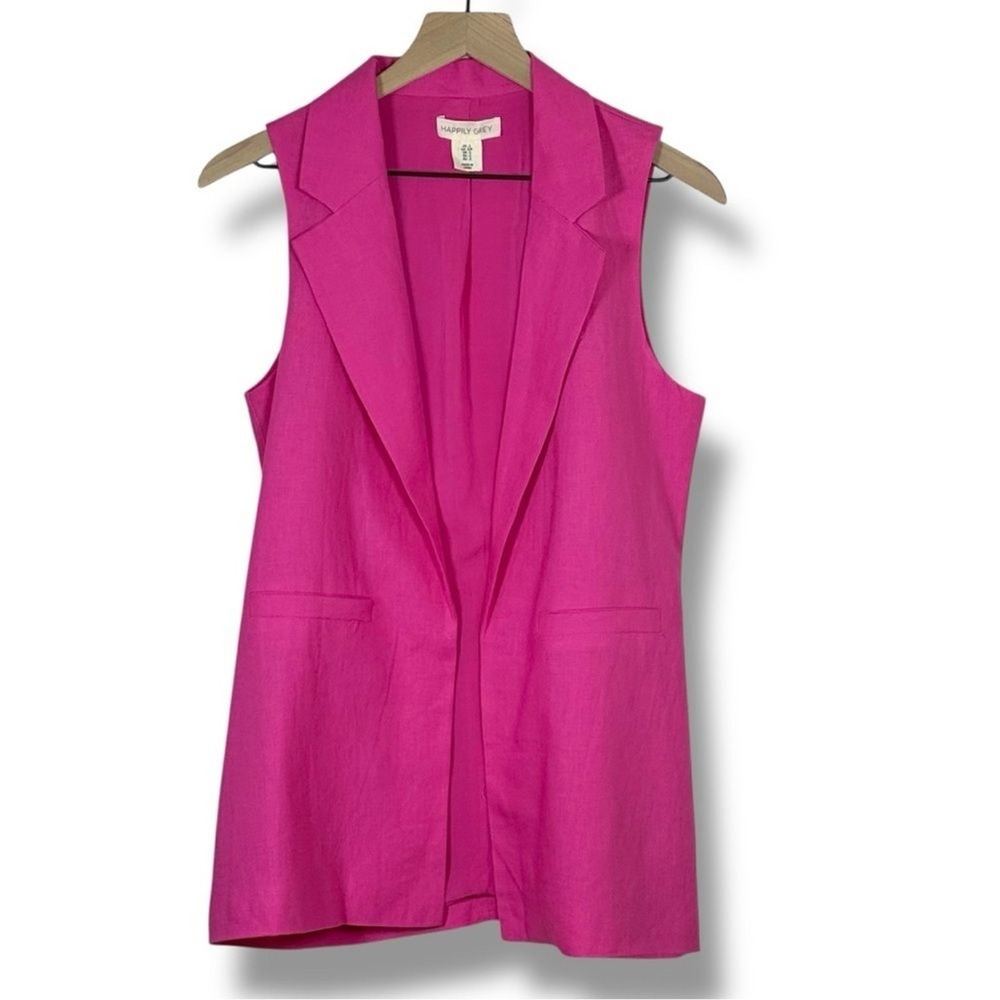 Happily Grey Women Linen Blend Vest Blazer Size S Got Pink Sleeveless Open Front